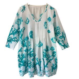 Princess Cruises Shirt Swim Cover Up Tunic Large White Turquoise Tropical Fish